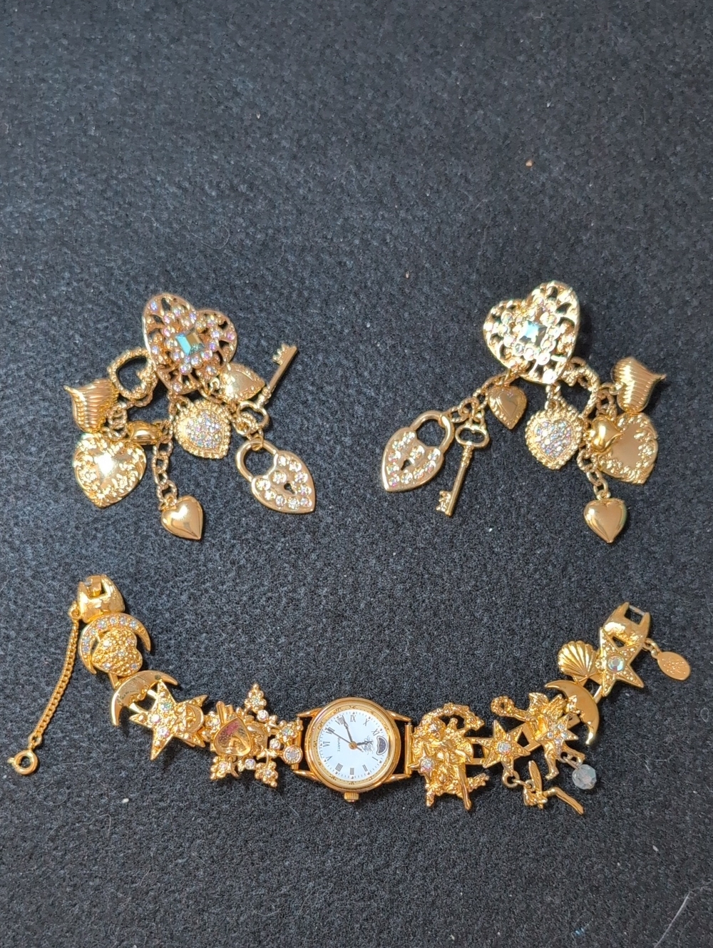 Kirks Folly Gold Tone Celestial Heart/Key Watch With Charm Dangle Clip Earrings